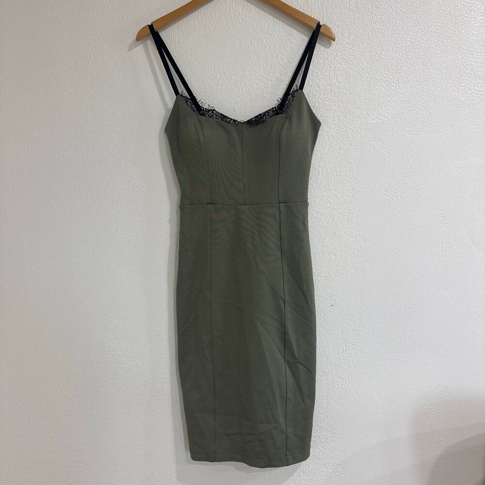 NWT Bebe Ryleigh Mini Dress Olive Green Black Lace Bodycon Sheath Y2K Size Small